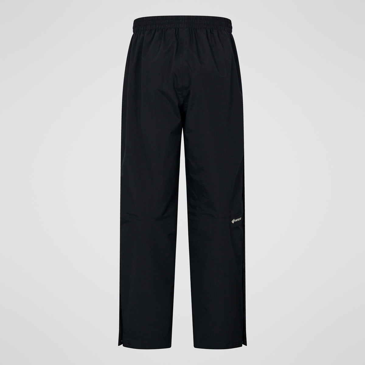 Black waterproof overtrousers with elastic waistband and thigh logo
