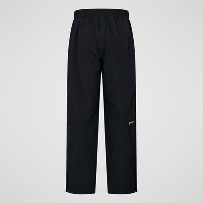 Black waterproof overtrousers with elastic waistband and thigh logo
