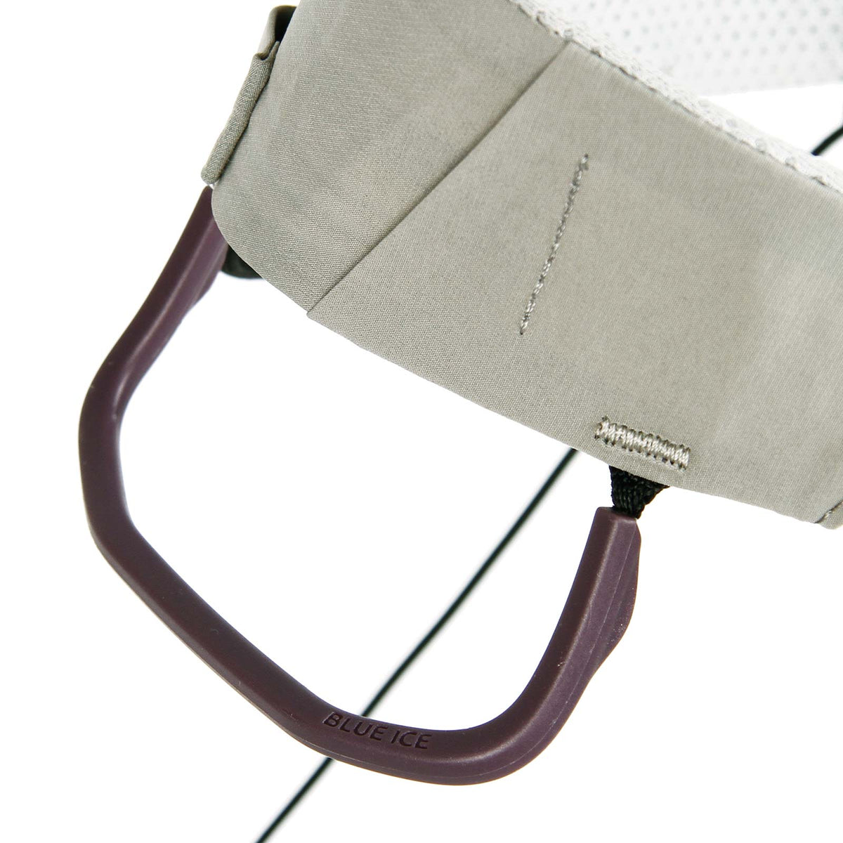 Ultralight climbing harness leg loop with gray padding and maroon molded bridge hardware