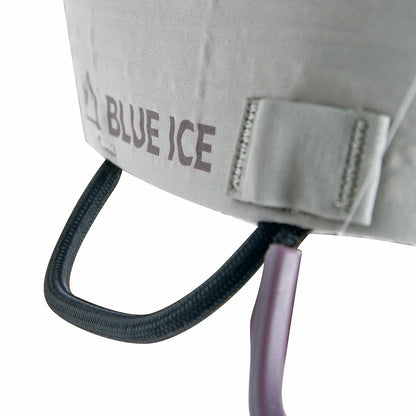 Gray climbing harness strap with Blue Ice logo, metal buckle, and dark webbing loop