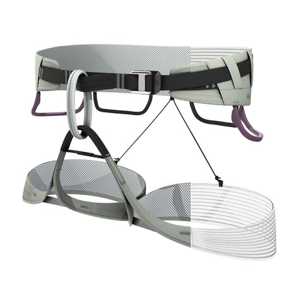 Gray climbing harness with black straps, leg loops, and attachment points with purple accents