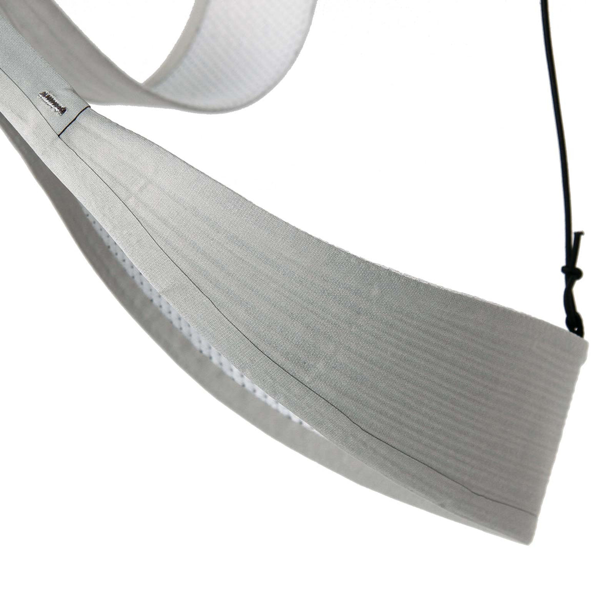 Gray climbing harness webbing strap with reinforced stitching detail