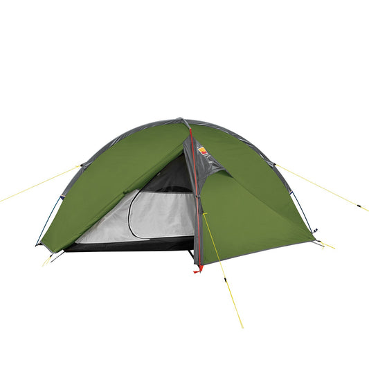 Olive green compact 1-person dome tent with black trim and open doorway
