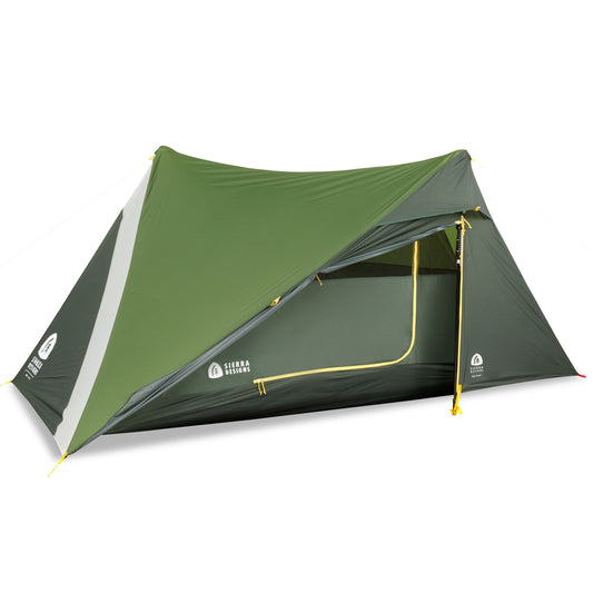 1-person ultralight tent with green fly and dark base, yellow poles and guylines