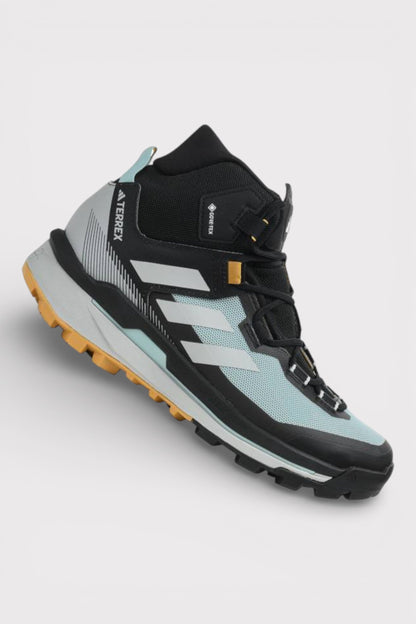 Adidas Terrex high-top boot with black uppers, aqua accents, lace-up, orange tread