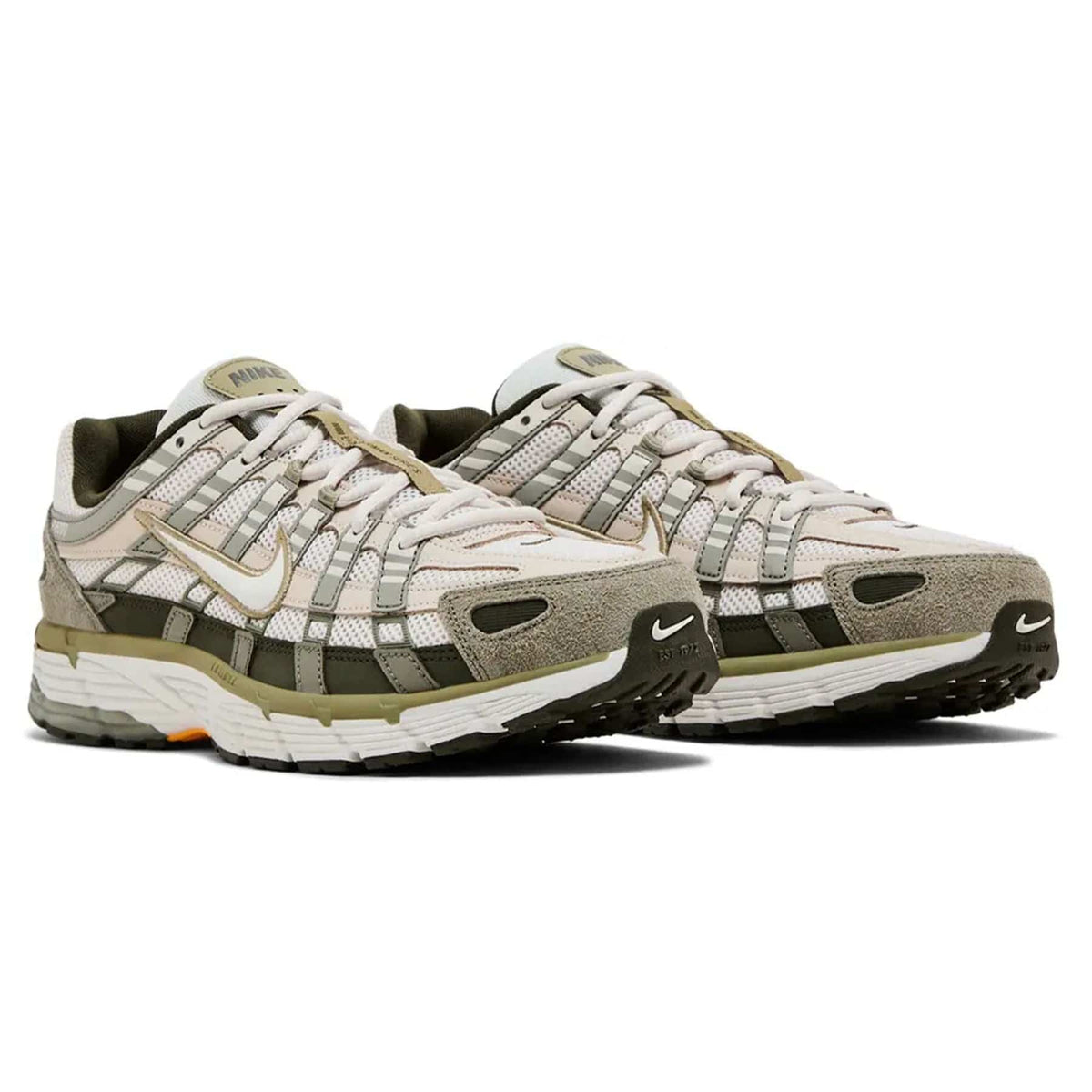 Nike P-6000 sneakers front view with textured overlays, olive accents, and white laces