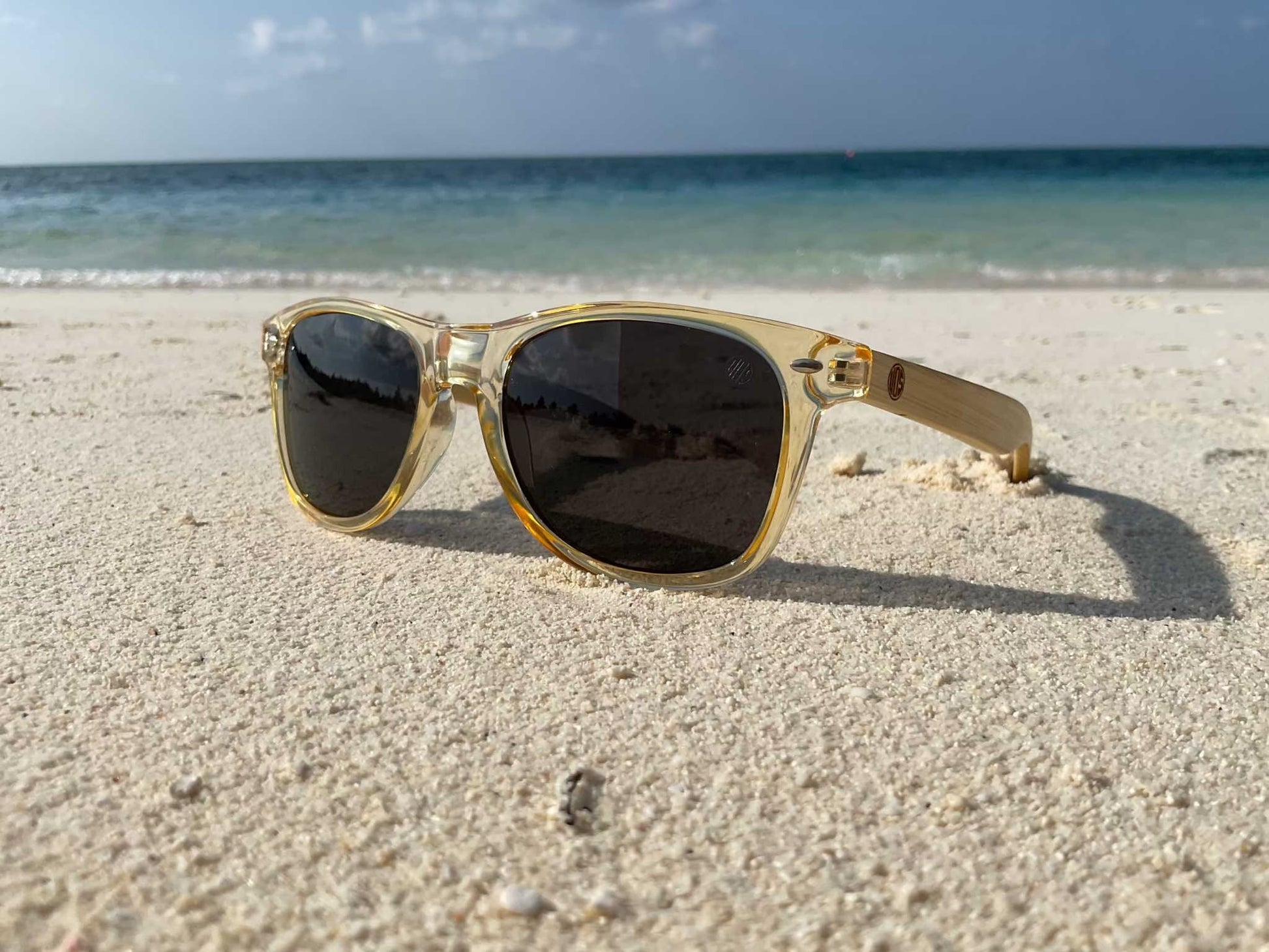 Clear gold-tone cat-eye sunglasses with black lenses and bamboo-look arms