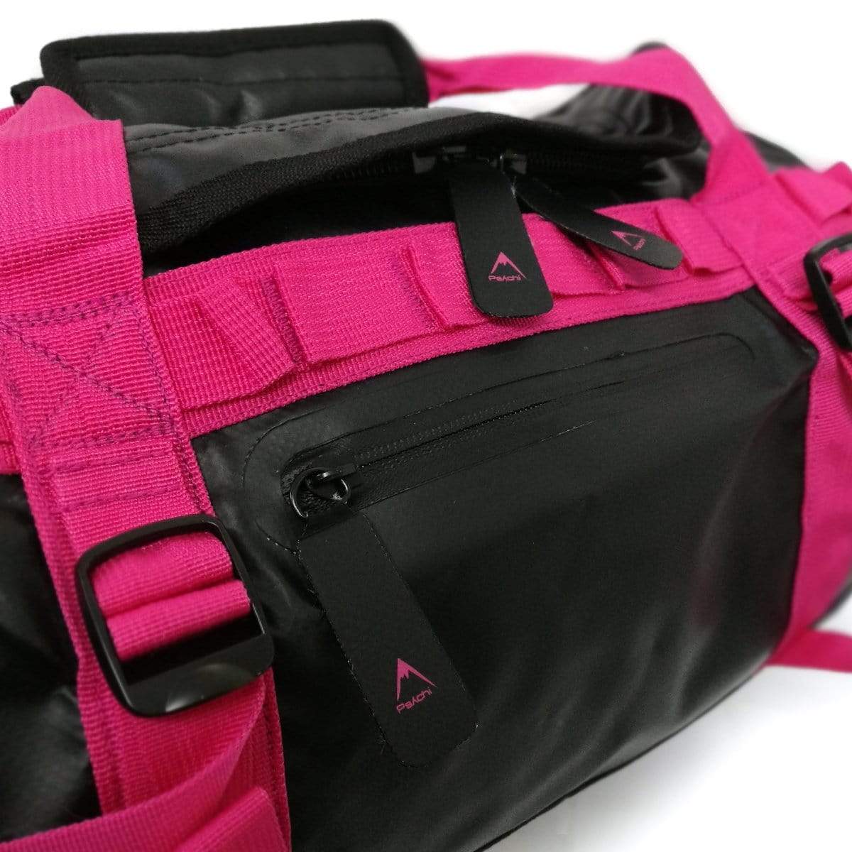 Pink webbing duffel bag with front zipper pocket and black buckle details
