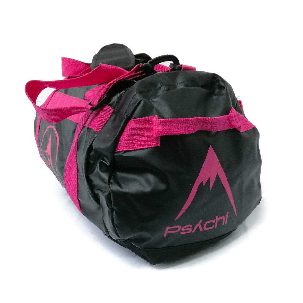 Pink and black duffel bag side view with mountain logo and carry straps