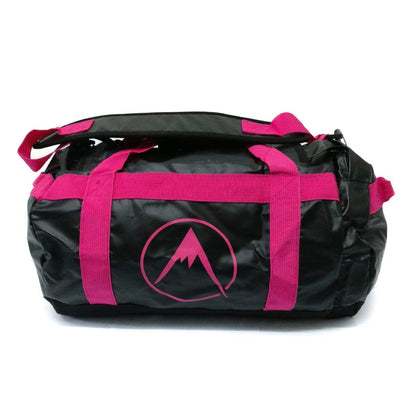 Pink and black duffel bag with front logo panel and webbing carry handles