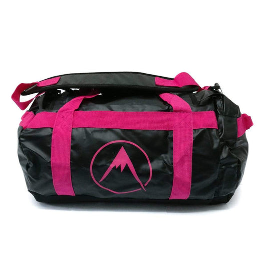 Pink and black duffel bag with front logo panel and webbing carry handles