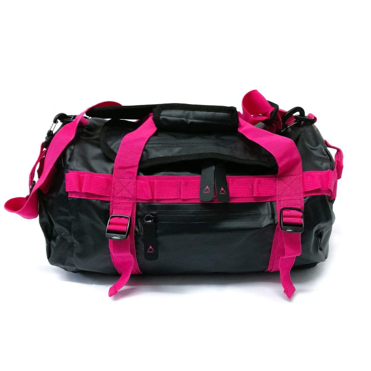 Pink and black duffel bag with front pocket, buckles, and top handle