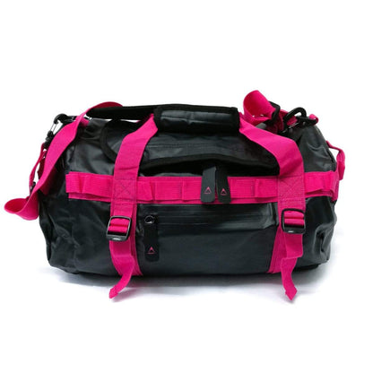 Pink and black duffel bag with front pocket, buckles, and top handle