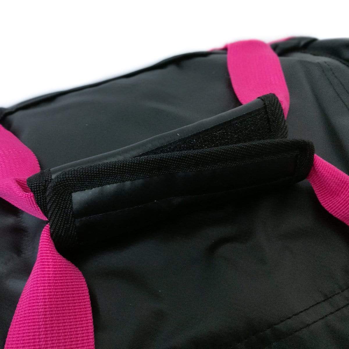 Duffel bag interior pocket with mesh lining and pink webbing strap