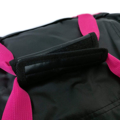 Duffel bag interior pocket with mesh lining and pink webbing strap