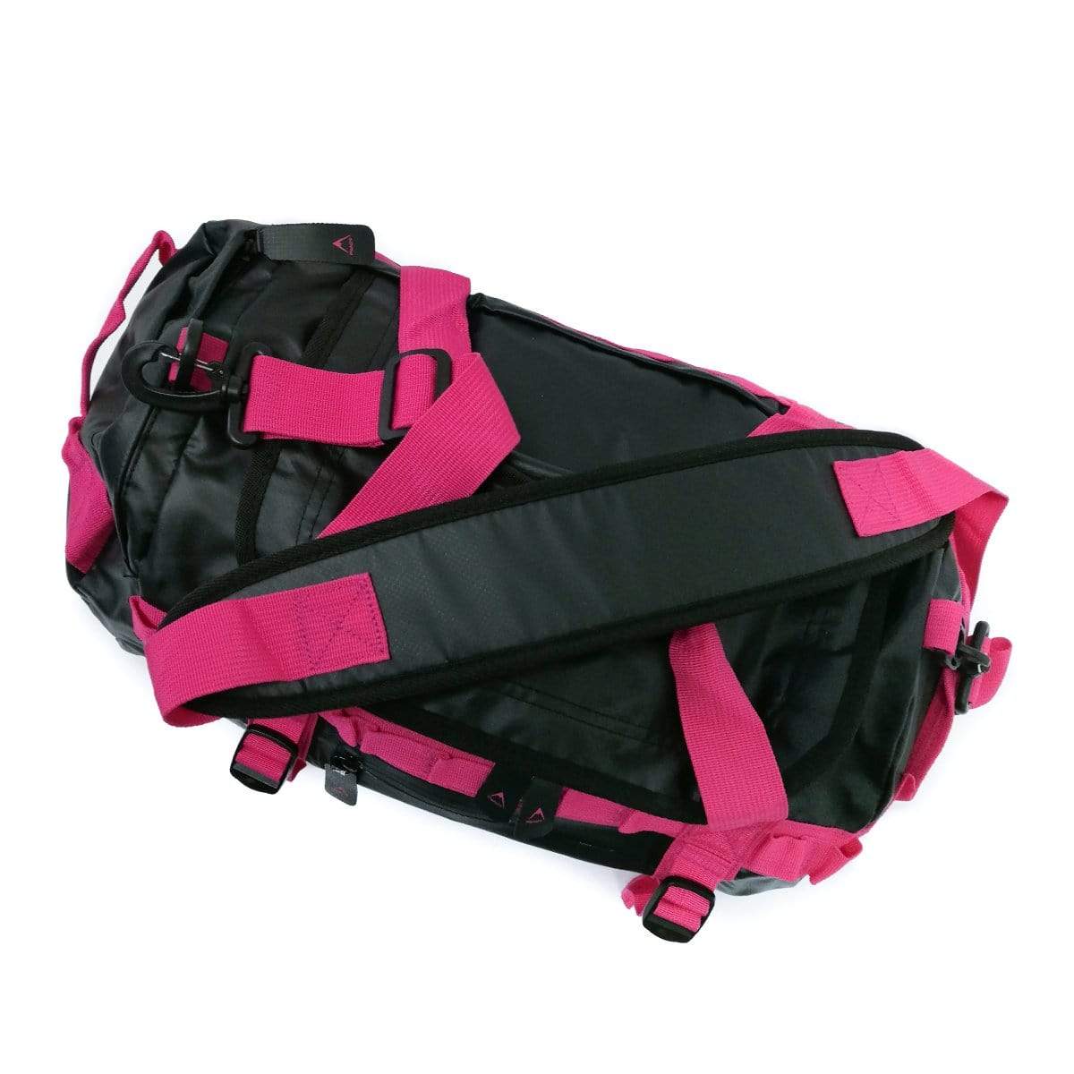 Pink and black duffel bag with long shoulder strap and side grab handles