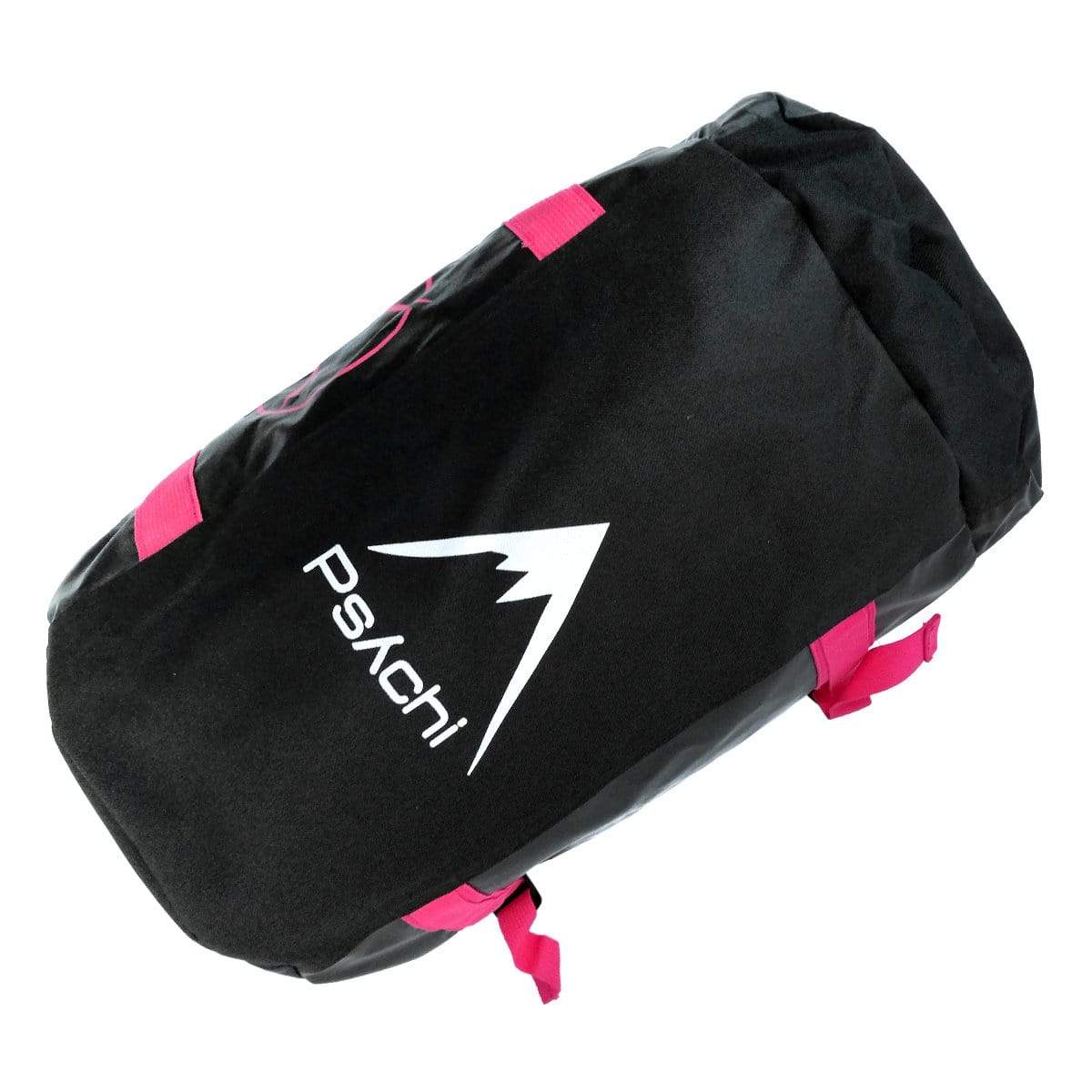 Black duffel end panel with white Pschi logo and pink strap accents