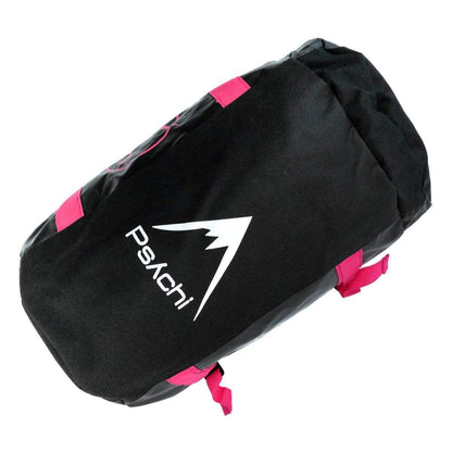Black duffel end panel with white Pschi logo and pink strap accents