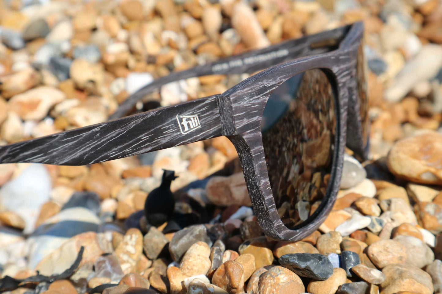 Polarized sunglasses temple with 'flii' logo and dark lens.