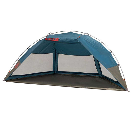 1-person dome tent with teal blue rainfly, gray mesh walls, and orange accents