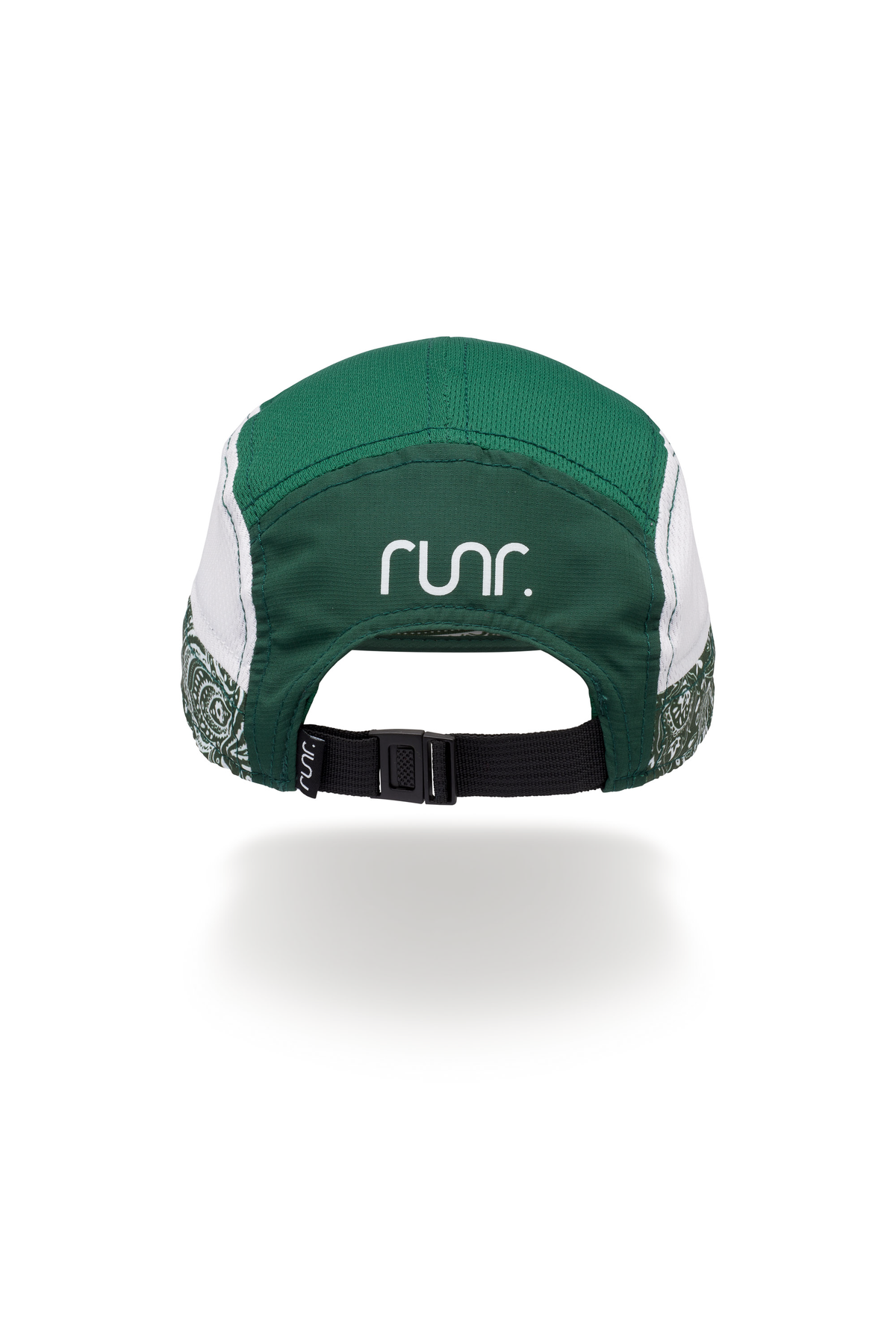 Green and white running hat with adjustable back strap and RUNR logo on front.