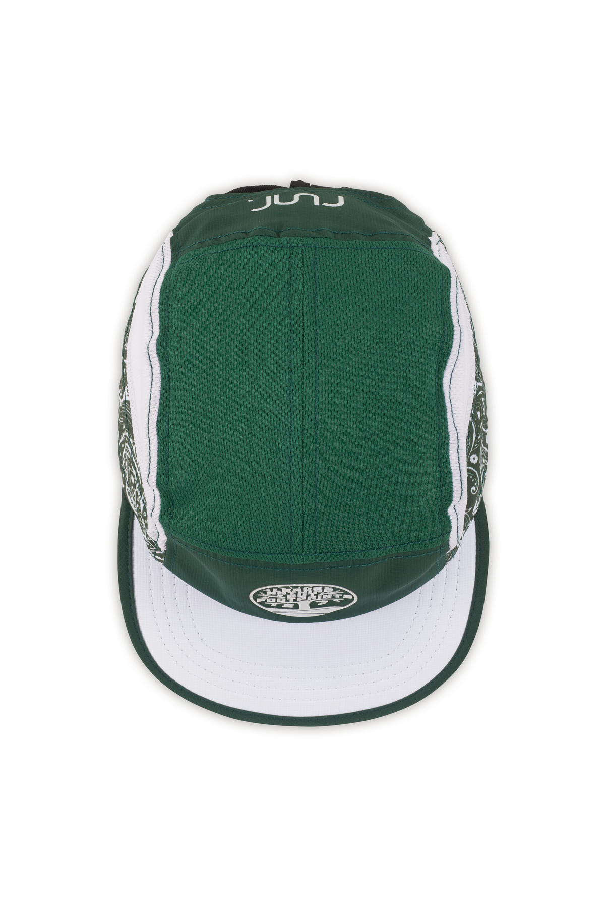 Green technical running hat with white brim and leave-nothing foot-print patch on back.