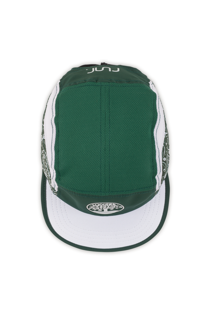 Green technical running hat with white brim and leave-nothing foot-print patch on back.