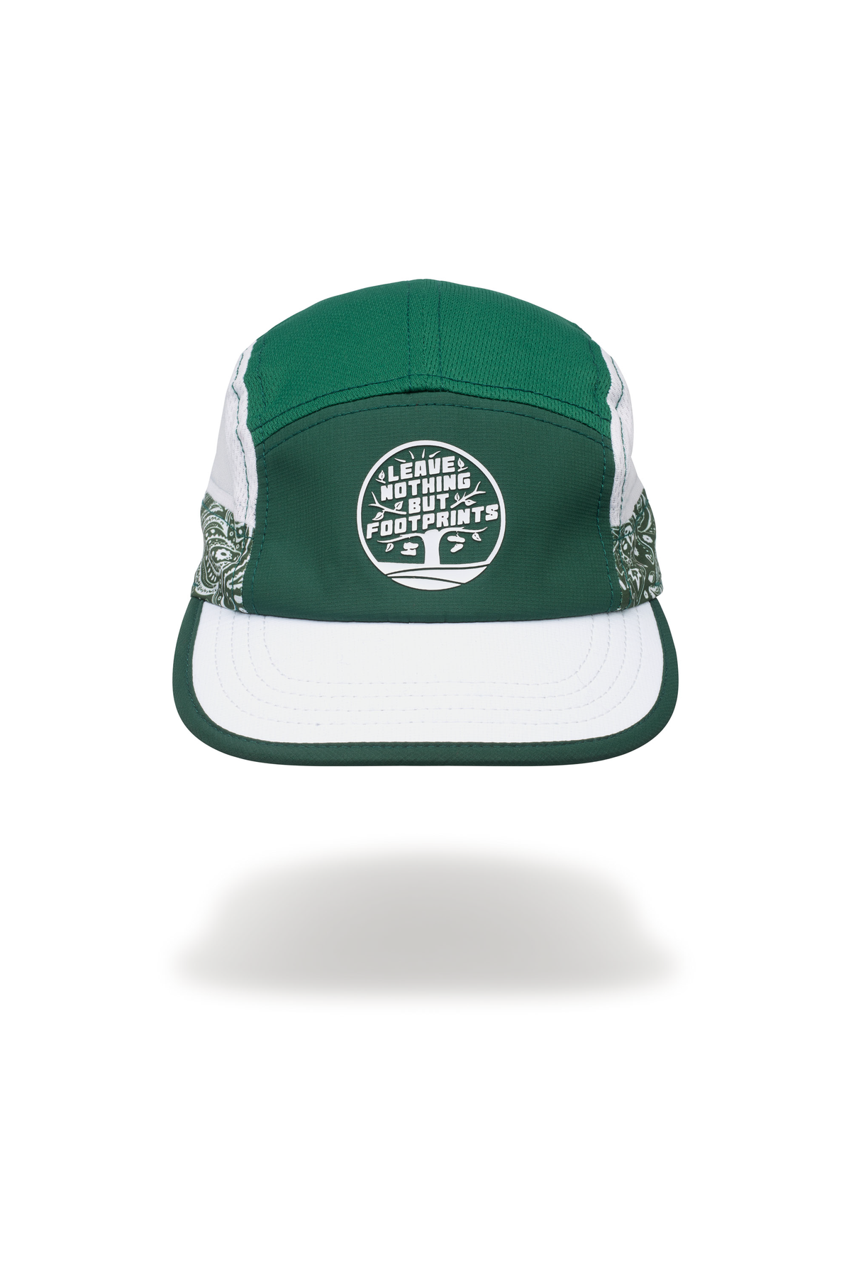Technical running hat with green top, white brim, and centered footprints emblem