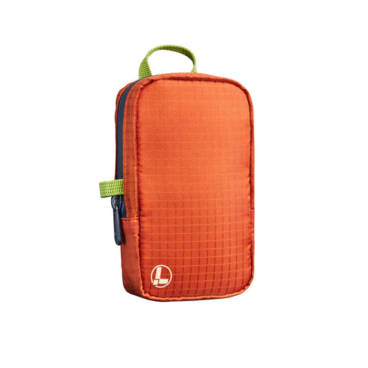 Orange tool pouch with green top handle and front logo patch, vertical zipper pocket.