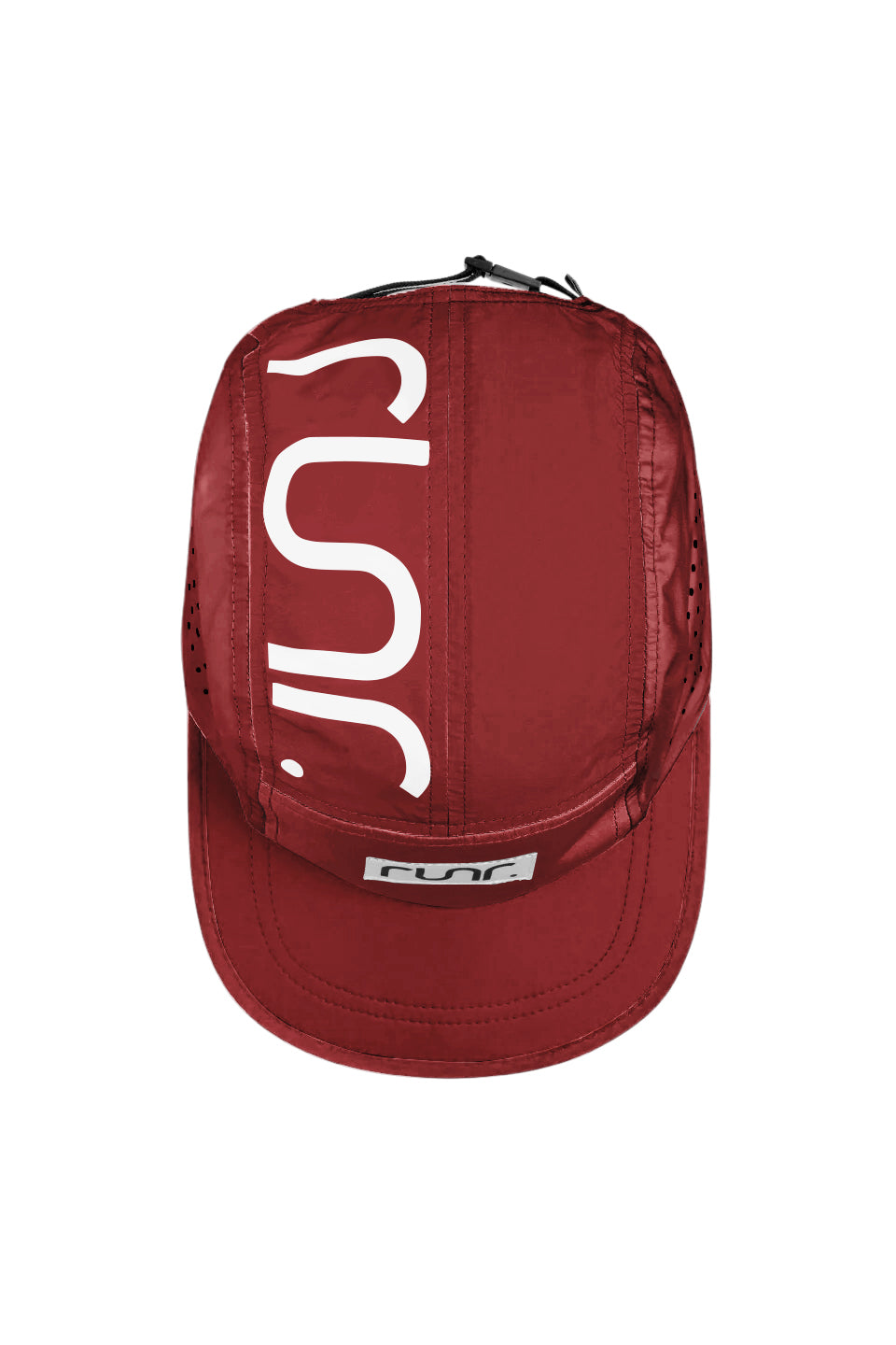 Red technical running cap with large white side logo and adjustable back tabs