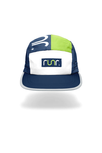 Technical running hat front view, navy white and lime color blocks with logo patch