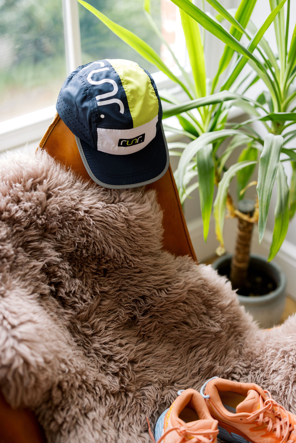 Technical running hat on dog, navy crown with lime accents and front logo patch