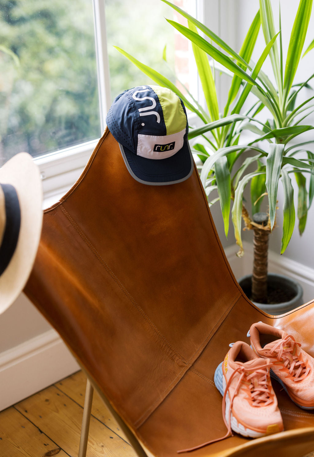 Technical running hat on dog near plants, navy brim with lime top and logo patch