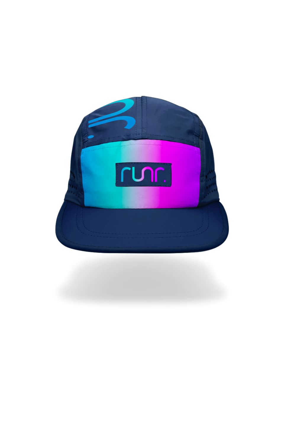 Navy technical running cap with cyan–purple–pink gradient front panel and Runr logo