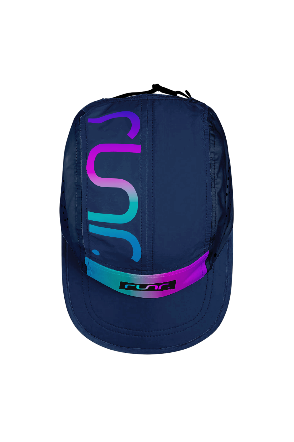 Navy technical running cap back with large neon graphic and vented panels