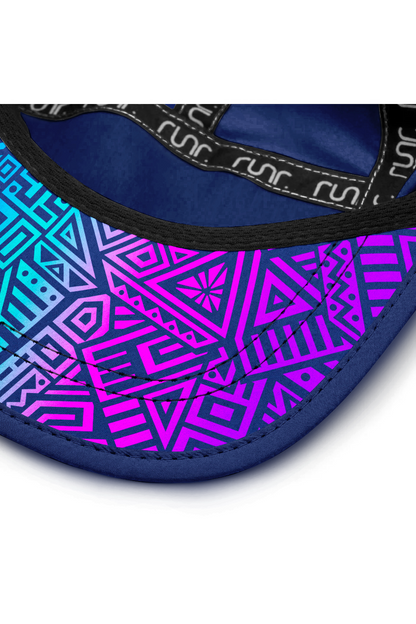 Navy running cap brim with geometric neon pattern underside and black trim