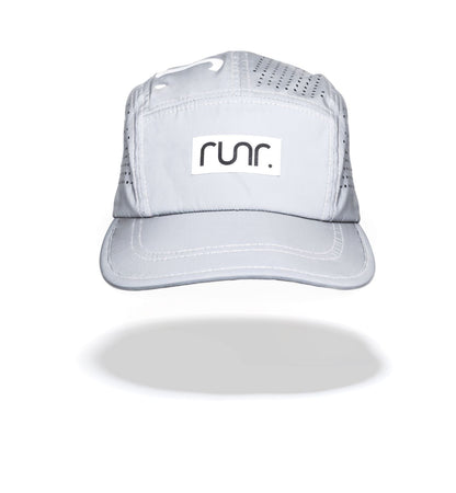 Silver technical running cap with perforated crown and front RUNR logo patch