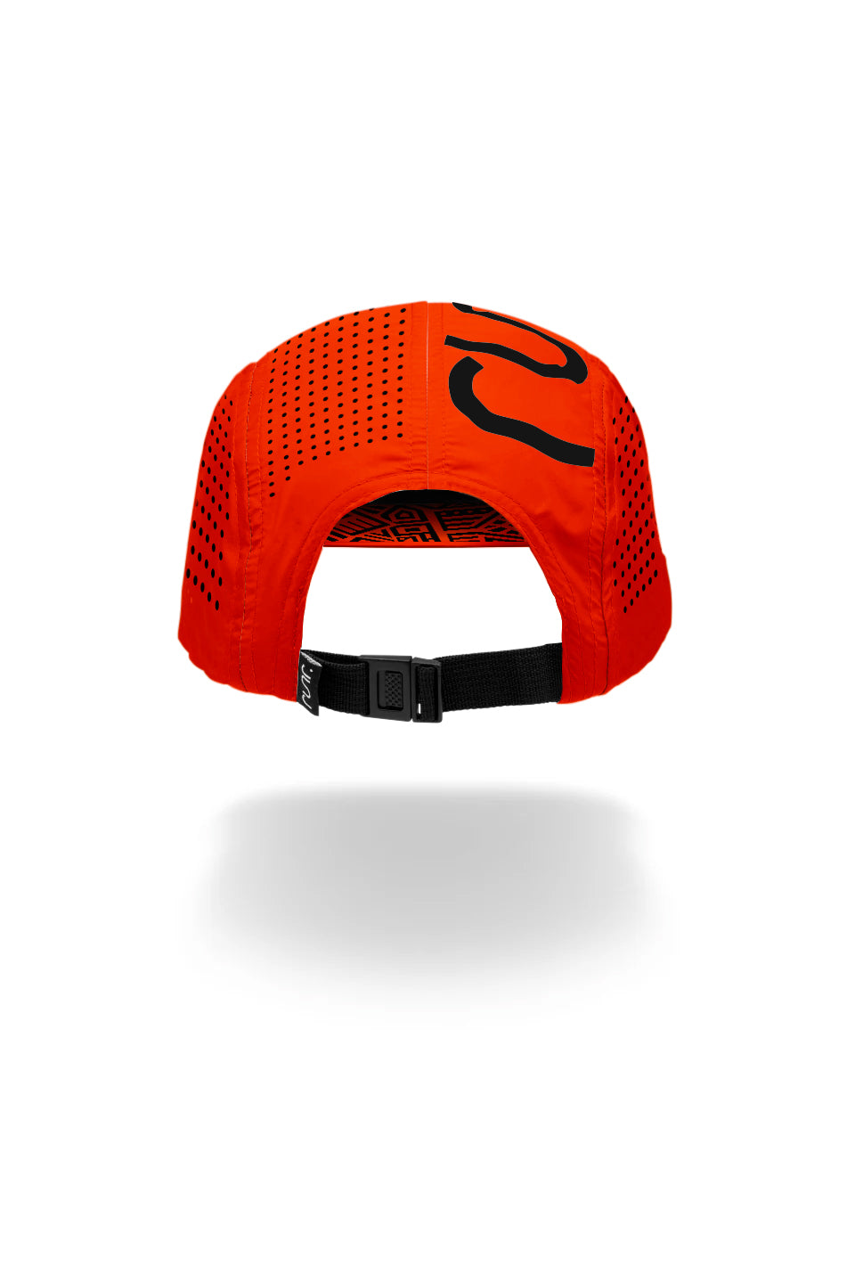 Orange running cap back with adjustable black strap and perforated panels