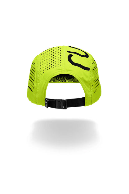 Neon yellow technical running cap with adjustable black chin strap