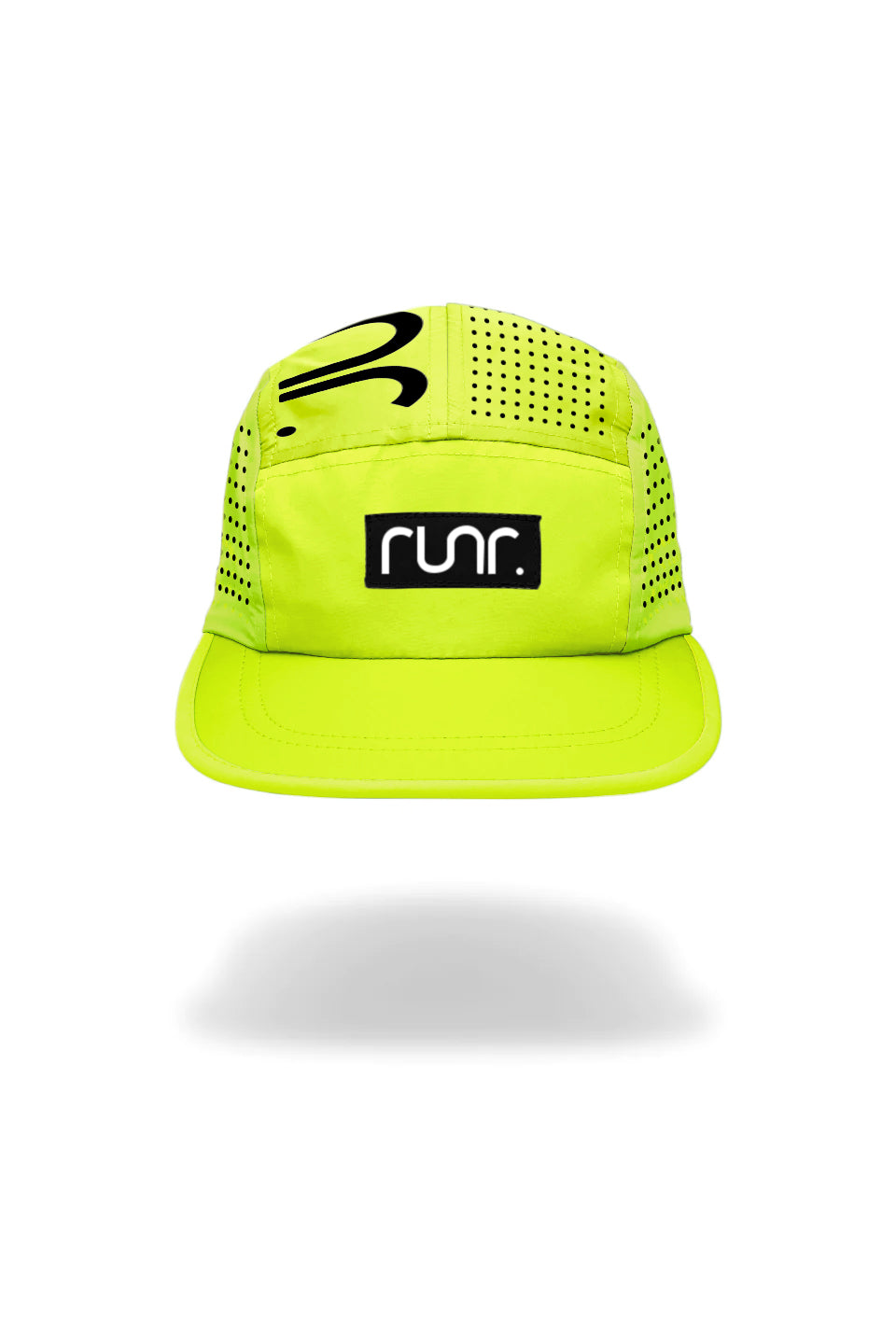 Neon yellow technical running cap with front 'run' emblem and curved brim