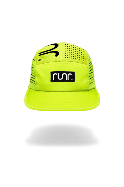 Neon yellow technical running cap with front 'run' emblem and curved brim