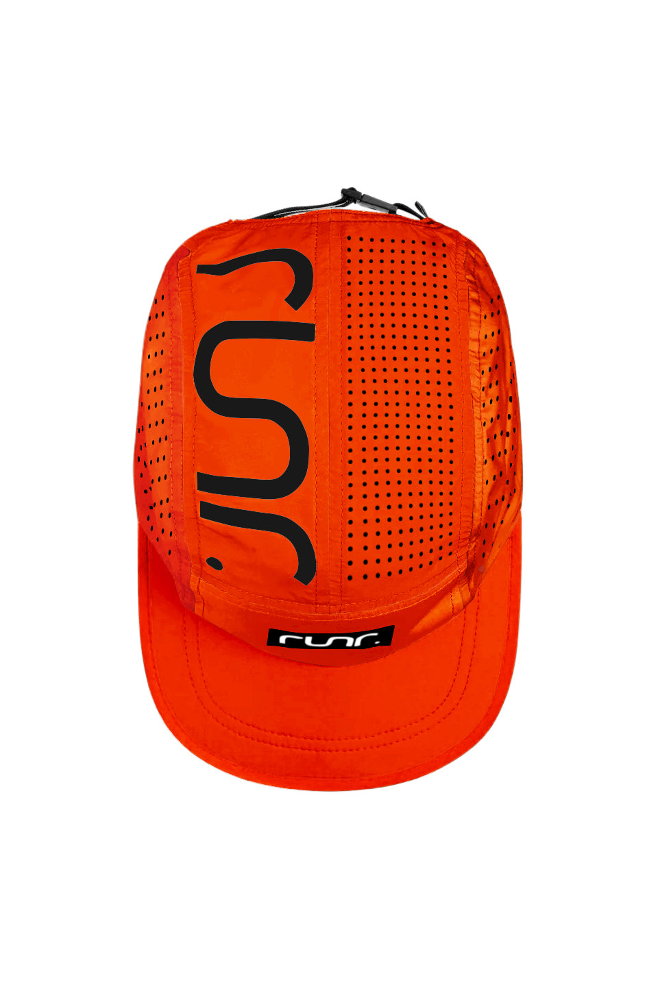 Orange running cap back with black logo print and perforated panels