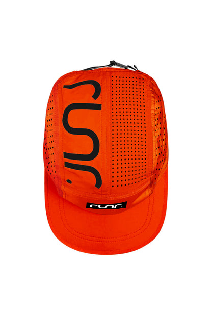Orange running cap back with black logo print and perforated panels