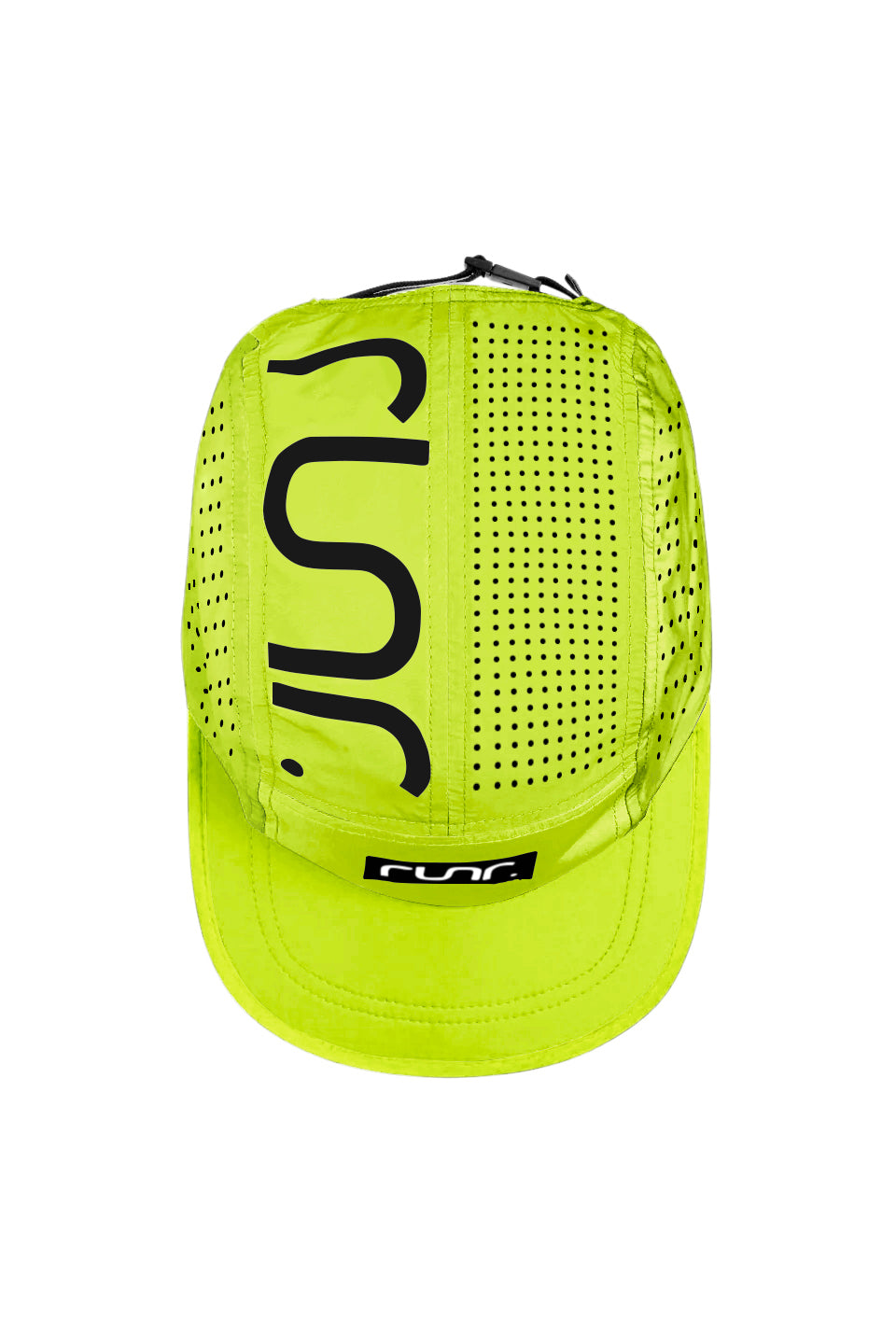 Neon yellow technical running cap with black vertical 'run' graphic and perforated back