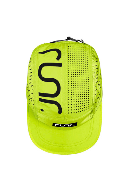 Neon yellow technical running cap with black vertical 'run' graphic and perforated back