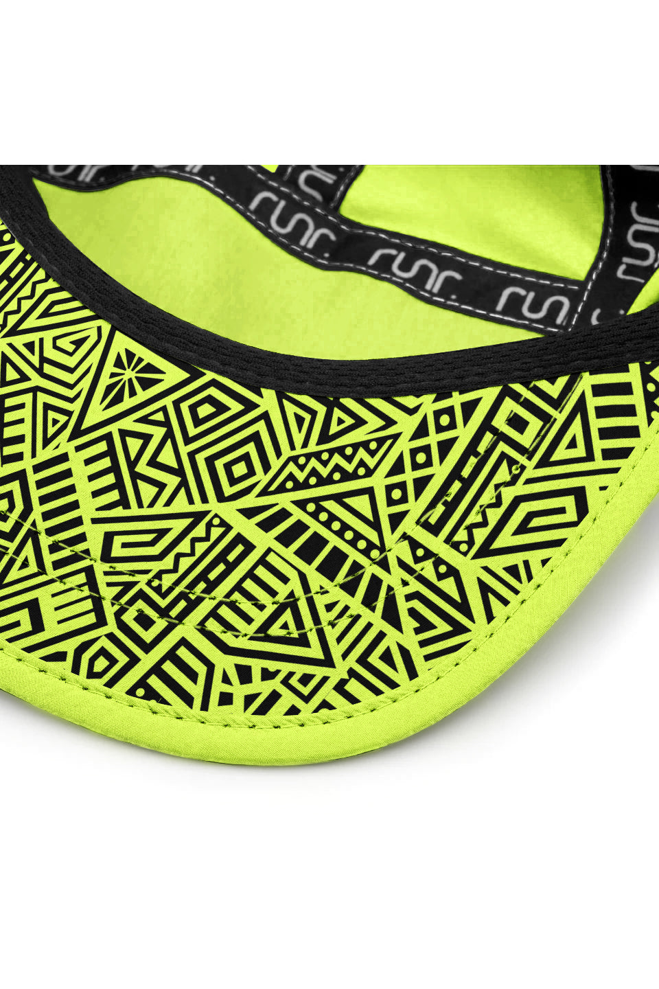Neon yellow technical running cap brim with black geometric interior band