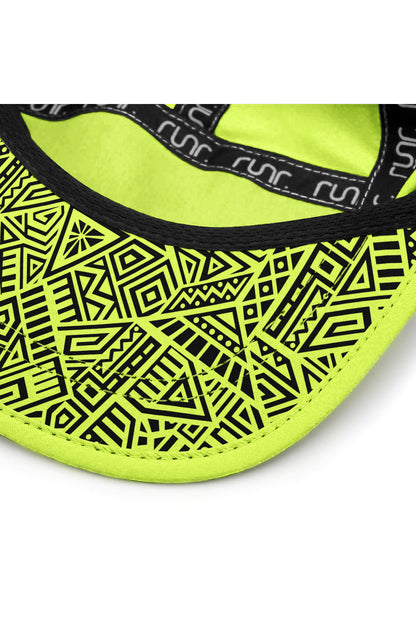 Neon yellow technical running cap brim with black geometric interior band