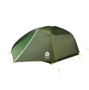 Green dome camping tent with front door panel and center logo