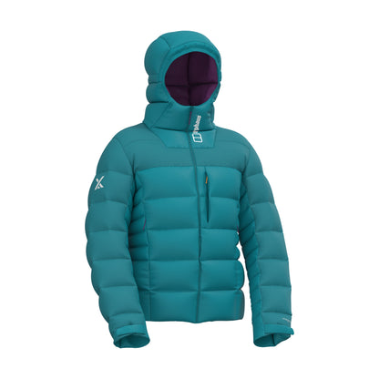 Men's teal down puffer hoody front view with hood and zipper closure