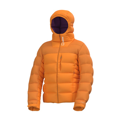 Orange down puffer hooded jacket front view, dark interior hood lining and full zipper.